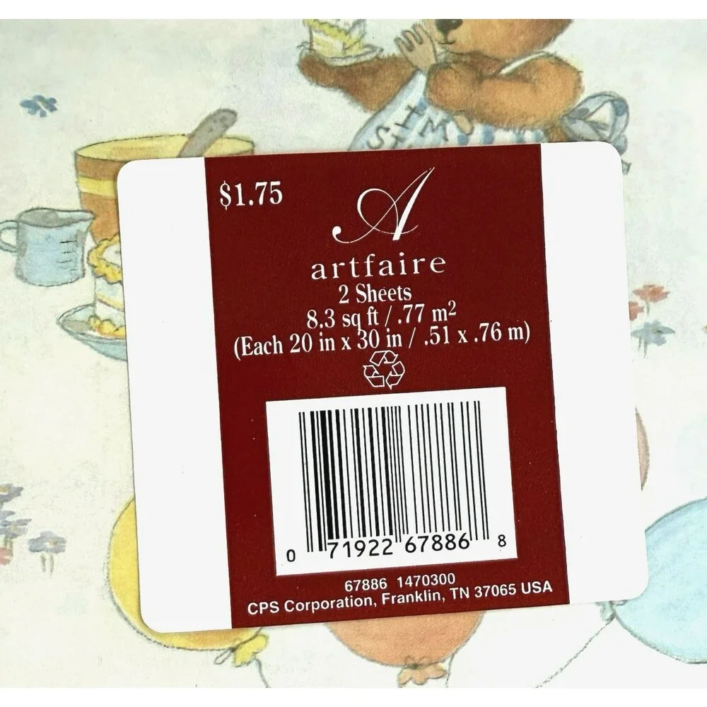 New Vintage Artfaire Teddy Bears Celebrating Gift Wrapping Paper Happy Birthday